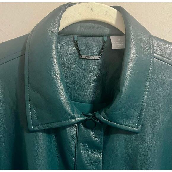 CHICO'S Faux Leather Jasper Green Women's Shacket Outerwear Jacket sz. 2 or L - Picture 8 of 10